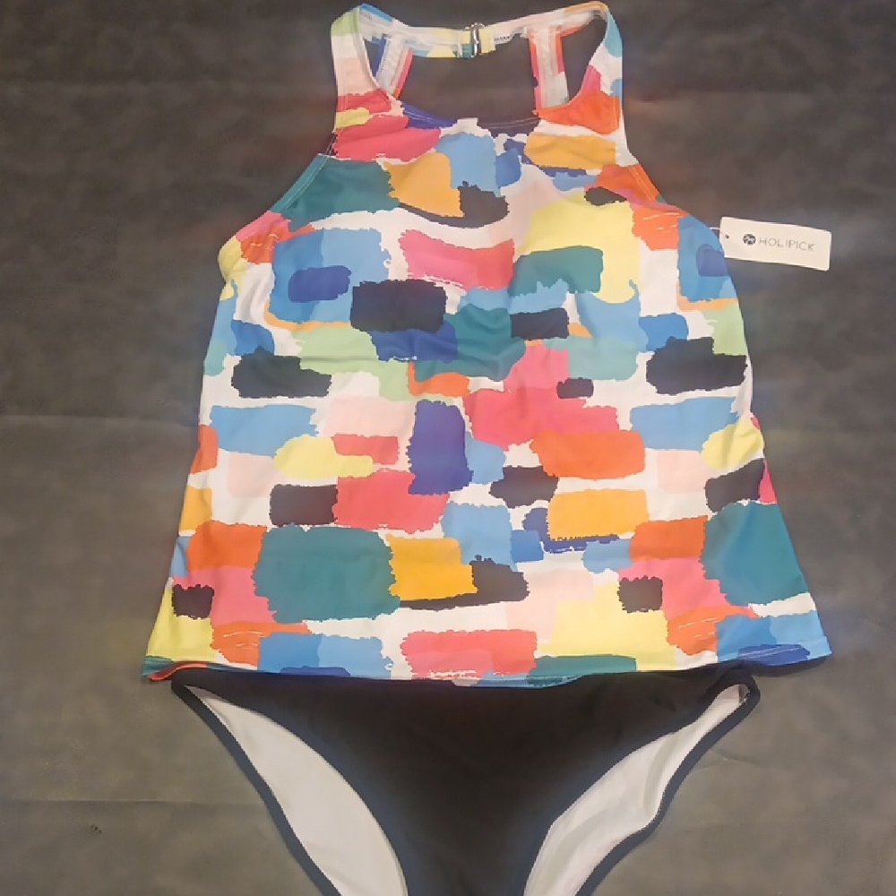 NWT. Holipick Colorful Abstract Women's Halter Neck Style Tankini Swimsuit - Picture 5 of 12